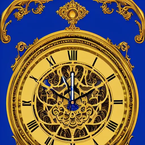 Prompt: an ornate golden wall clock in blue room, digital art, highly detailed, high contrast, beautiful lighting, award winning, trending on art station, photorealistic, 8 k,