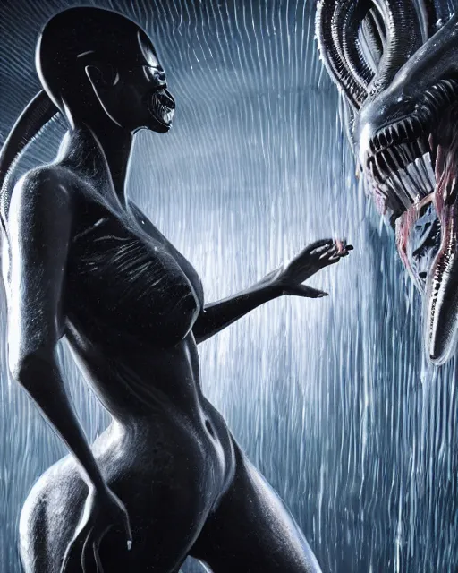 Prompt: cinematic full - body - shot still of kim kardashian being syphon fed by an xenomorph in a transparent alien liquid, wet flowing hair, gooey skin, illustration, unreal engine 5, 8 k, made by h. r. giger.