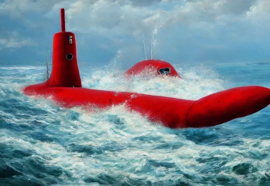 Prompt: realistic oil painting of a submarine in a red ocean!!