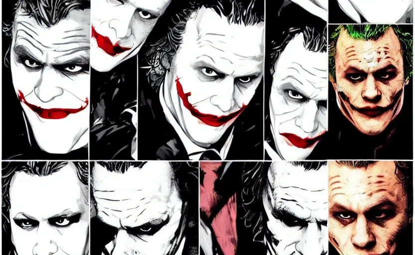 Prompt: joker played by heath ledger from the dark knight ( 2 0 0 8 ) by christopher nolan, character sheet
