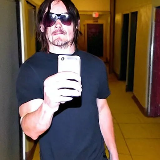 Prompt: Norman Reedus taking a selfie in the backrooms hallway, liminal space hallway, backrooms, selfie photo