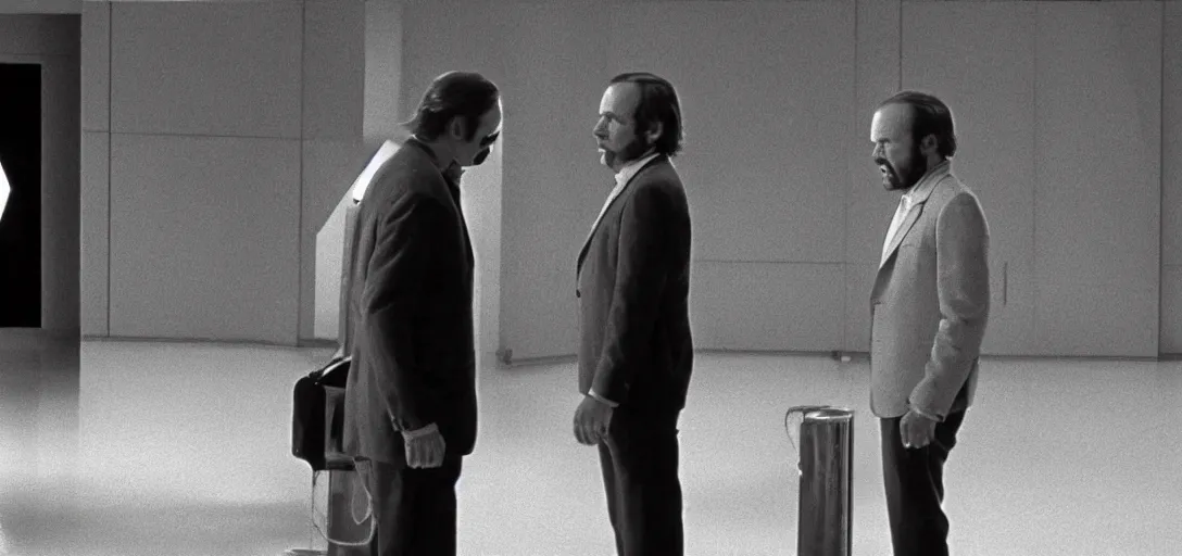 Image similar to screenshot from 7 0 s film, scene of saul goodman talking to walter white, iconic scene, directed by stanely kubrick, moody cinematography, with anamorphic lenses, crisp, detailed, 4 k