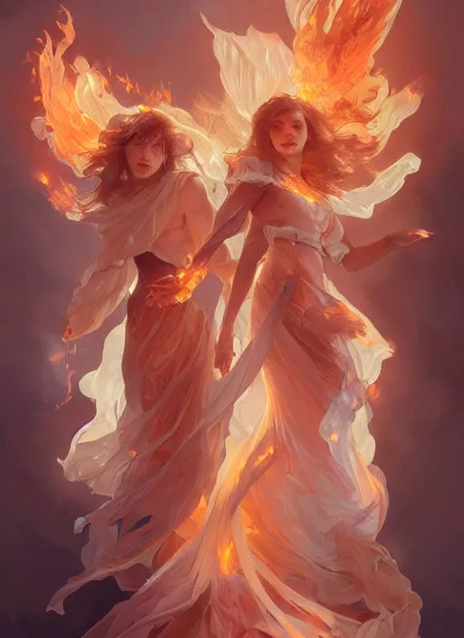 Prompt: a couple of spirits made of fire and smoke, beautiful high quality realistic fantasy art, trending on artstation by artgerm and greg rutkowski and alphonse mucha