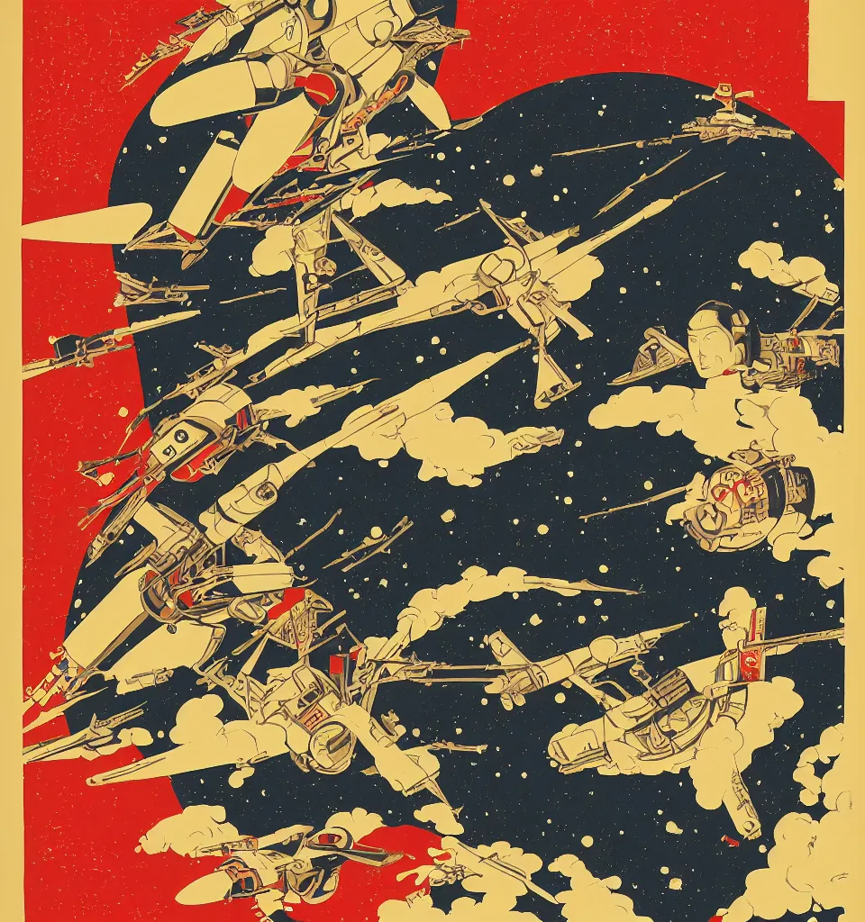 Prompt: a propaganda style poster for space travel. in the style of Ukiyo-e, and Shepard Fairey, .