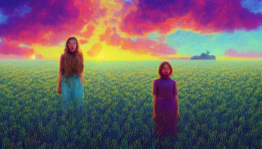 Prompt: flower face, full body, girl in empty wheat field, surreal photography, colorful clouds, tree, impressionist painting, colorful clouds, digital painting, pointillism, sunset, artstation, simon stalenhag