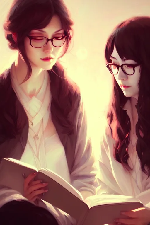 Prompt: portrait of two wise and very beautiful women reviewing some texts, art by guweiz, intricate, elegant, highly detailed, smooth, sharp focus, artstation
