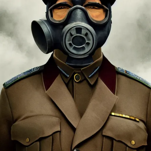 Prompt: joseph stalin, wearing a gas mask, vaping thick clouds through the mask, close - up, hyper detailed 3 d matte painting, federico pela + greg rutkowski, hyper detailed 3 d render by unreal engine