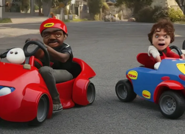 Image similar to peter dinklage racing gary coleman driving a little tikes cars, movie still, from the new fast and furious movie, 8 k, realistic