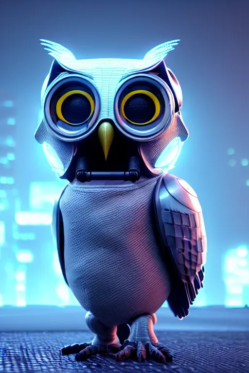 Image similar to high quality 3 d render very cute cyborg owl! with boombox!, cyberpunk highly detailed, unreal engine cinematic smooth, in the style of blade runner & detective pikachu, hannah yata charlie immer, moody light, low angle, uhd 8 k, sharp focus