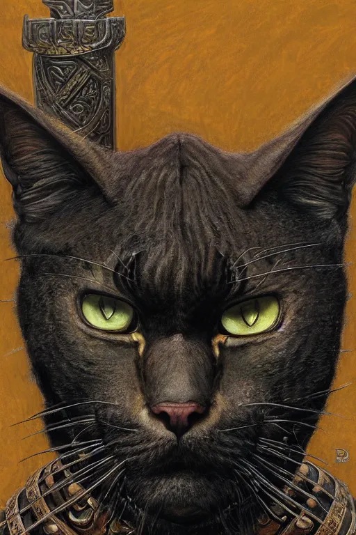 Image similar to head and shoulders portrait of a warrior, tabaxi, black cat, male, breastplate, magical, high fantasy, d & d, by donato giancola, face details, extremely detailed, digital illustration