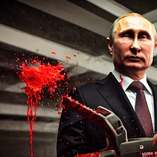 Prompt: putin with a chainsaw. in a concrete bunker with a pile of corpses. focus on putins face with blood splatters. canon eos r 3, f / 1. 4, iso 1 6 0 0, 1 / 8 0 s, 8 k, raw, grainy