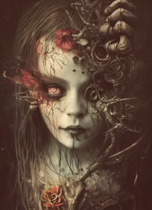 Prompt: Alice in Wonderland,highly detailed,half skull face,cinematic,8k,by Stanley Artgermm,Tom Bagshaw,Greg Rutkowski,Carne Griffiths, Ayami Kojima, Beksinski, Giger,trending on DeviantArt,hyper detailed,horror, full of colour