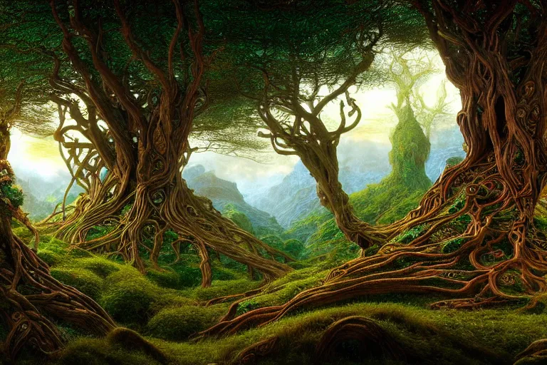 Image similar to a beautiful and highly detailed digital painting of an elven tree with celtic roots in the mystical mountains, psychedelic patterns, intricate details, epic scale, 8 k, sharp focus, photorealism, artstation, cgsociety, by caspar friedrich, albert bierstadt, james gurney, brian froud,