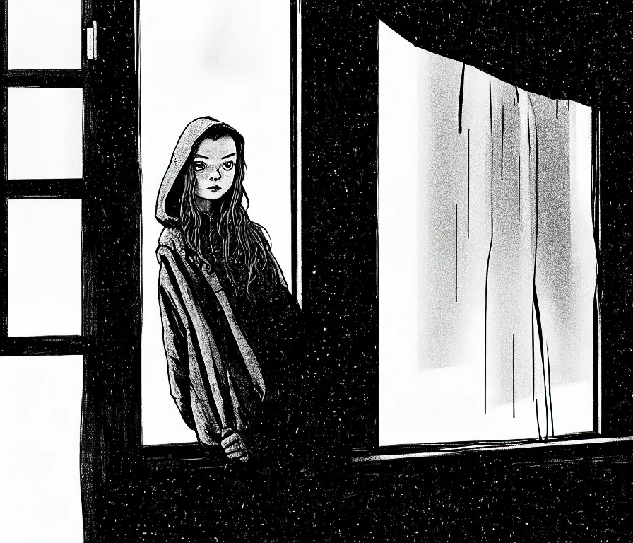 Prompt: sadie sink in hoodie sits on windowsill, knees tucked in as rain falls at night : b & w storyboard drawing, scifi cyberpunk. by gabriel hardman, joe alves, chris bonura. cinematic atmosphere, detailed and intricate, perfect anatomy