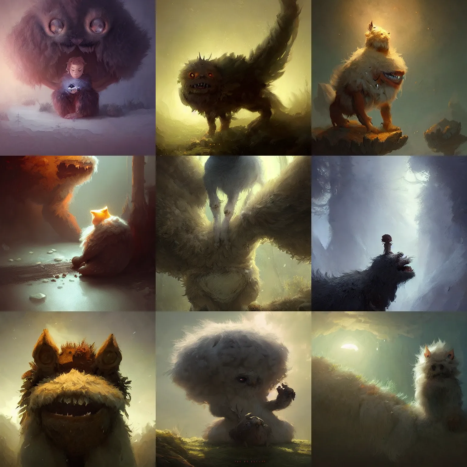 Prompt: a cute fluffy monster. atmospheric lighting, highly detailed digital painting, concept art, fantasy style, by greg rutkowski.