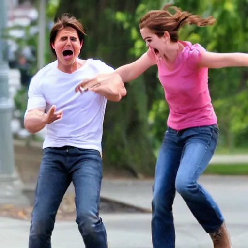Prompt: tom cruise screaming and jumping on emma watson
