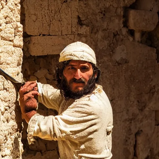 Image similar to award winning cinematic still of 40 year old Mediterranean skinned man in Ancient Canaanite clothing fixing a ruined, crumbled wall in Jerusalem, holding a sword and a chisel, dramatic lighting, strong shadows, red hues, directed by Ang Lee