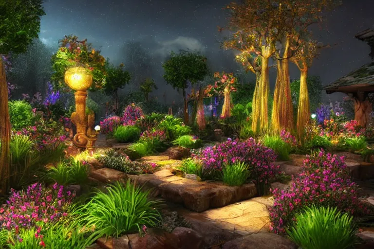 Image similar to a magical fantasy garden. cinematic lighting. photorealism.