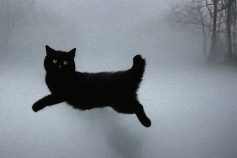 Prompt: black cat jumping out of thick white fog, 35mm film, lomography