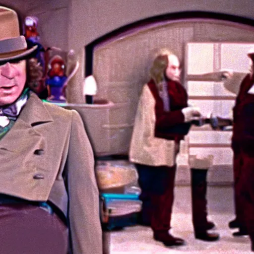 Image similar to security cam footage still of Willy Wonka in his Chocolate Factory