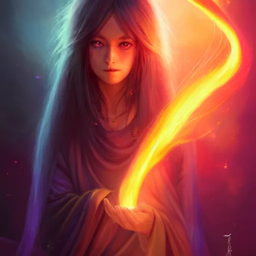 Image similar to rimuru tempest from tensura holding purple fire in her palm, with amber eyes of golden colored eyes, straight hair, sky blue hair, long bangs, concept art, award winning photography, digital painting, cinematic, wlop, 8 k, by ross tran, tom bagshaw