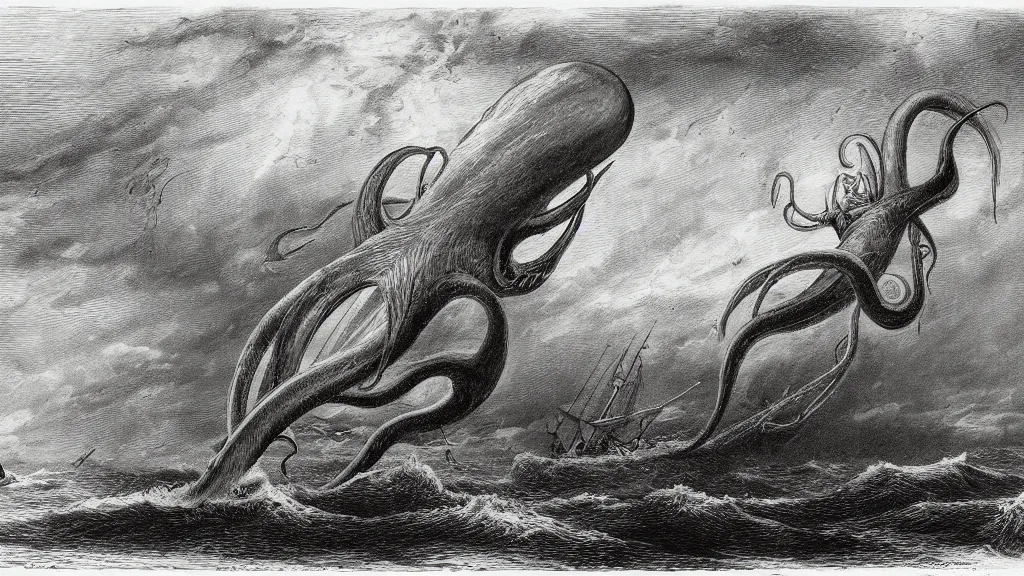 Image similar to drawing of one giant squid attacking one submarine, by gustave dore, nineteenth century, black and white, vintage, science fiction, epic composition, dramatic lighting, highly detailed, cinematic