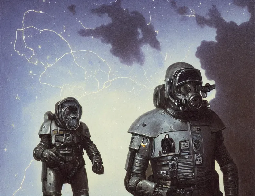 Image similar to a detailed portrait painting of a lone bounty hunter pilot wearing combat armour, gas mask and a reflective visor. Head and chest only. Movie scene, cinematic sci-fi scene. Flight suit, cloth and metal, accurate anatomy. portrait symmetrical and science fiction theme with lightning, aurora lighting. clouds and stars. Futurism by beksinski carl spitzweg moebius and tuomas korpi. baroque elements. baroque element. intricate artwork by caravaggio. Oil painting. Trending on artstation. 8k