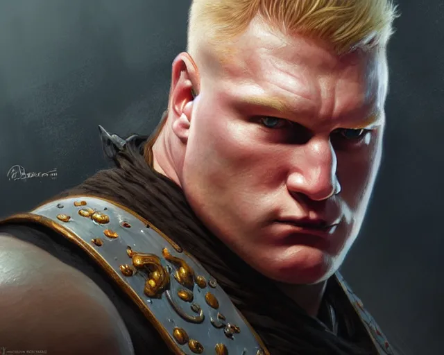 Image similar to close up of brock lesnar, deep focus, d & d, fantasy, intricate, elegant, highly detailed, digital painting, artstation, concept art, matte, sharp focus, illustration, hearthstone, art by artgerm and greg rutkowski and alphonse mucha