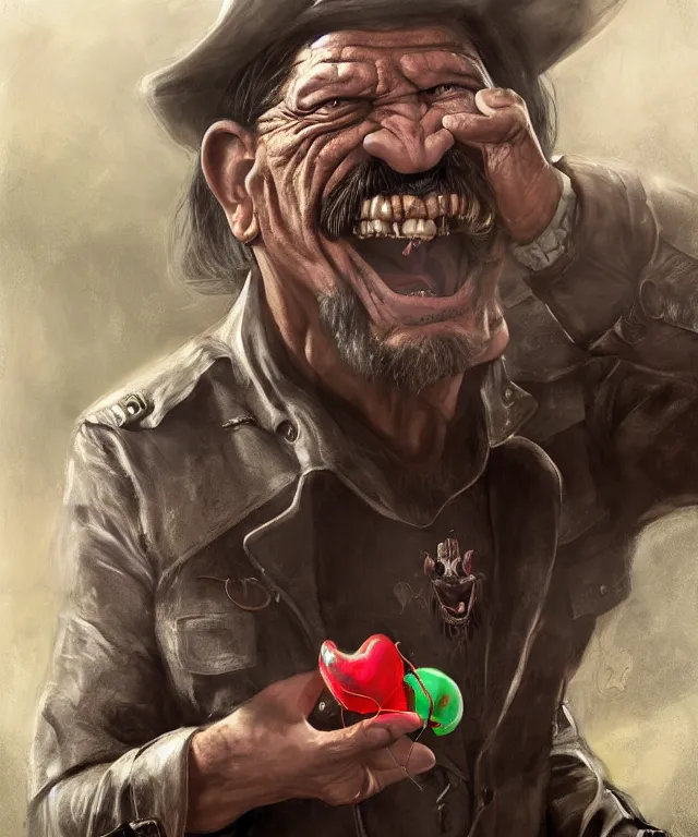 Image similar to danny trejo, cinematic, driving monster truck grave digger, holding a balloon elegant, highly detailed, digital painting, artstation, smooth, hard focus, illustration, art by jessica rossier and and brian froud