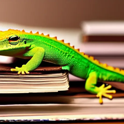 Image similar to the! geico! gecko on a table,! being crushed! by a stack of books