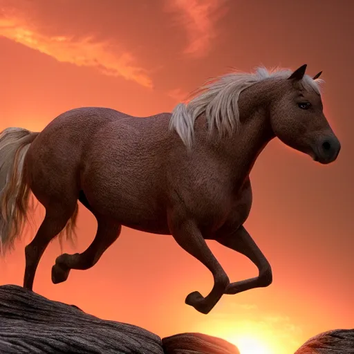 Prompt: spirit, the brown wild horse with white pastern flexion from the spirit movie, with the young girl lucky on his back galloping next to a canyon into the sunset, movie poster, intricate detail, 8 k, trending on artstation, octane render