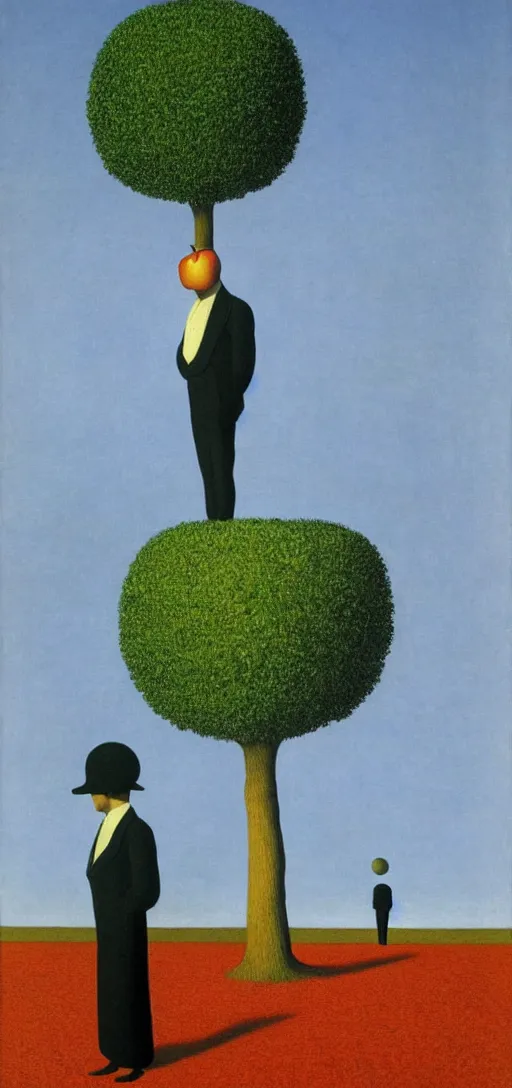 Prompt: Philosopher with apple head walking in the park on an Autumn night by Rene Magritte. Long surreal shadows. Blue.