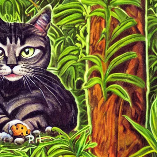 Image similar to a cat in a jungle landscape, by Jim Davis