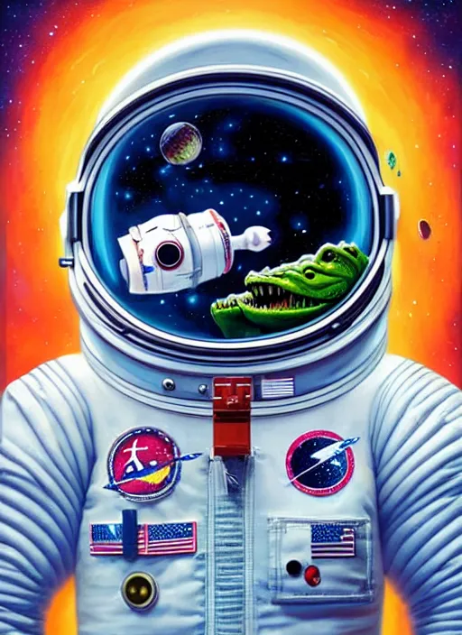 Prompt: an anthropomorphic crocodile astronaut in a white astronaut suit in space, pixar style by tristan eaton, artgerm, tom bagshaw