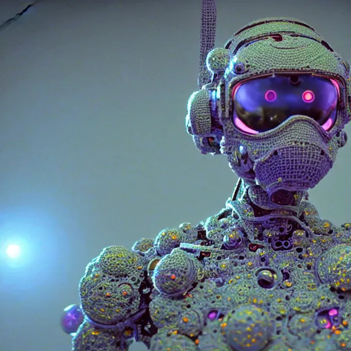 Image similar to a cybernetic symbiosis of a single astronaut mech-organic eva suit made of pearlescent wearing knitted shiny ceramic multi colored yarn thread infected with diamond 3d fractal lace iridescent bubble 3d skin dotted covered with orb stalks of insectoid compound eye camera lenses floats through the living room, film still from the movie directed by Denis Villeneuve with art direction by Salvador Dalí, wide lens,kevlar,carbon fiber,ceramics,gaseous materials,