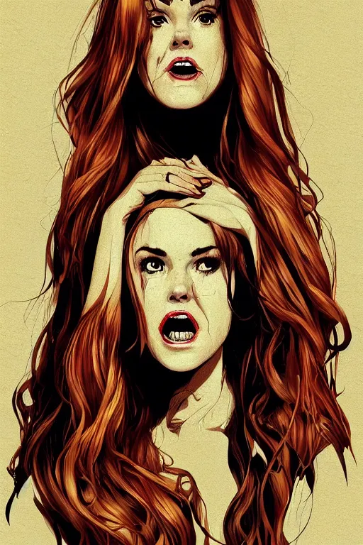 Image similar to isla fisher in sleepy hollow, full body, big two toned eyes, teeth gritted, horror, intricate details, cinematic, epic, realistic, anatomy, tomer hanuka, uplight, artstation, photorealistic, scary