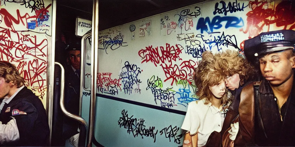 Image similar to new york subway cabin 1 9 8 0 s inside all in graffiti, policeman closeup, coloured film photography, christopher morris photography, bruce davidson photography