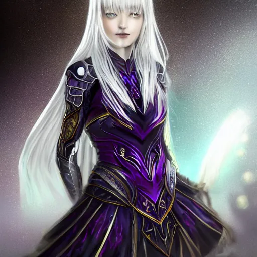 Prompt: portrait evilly white hair knights of Zodiac girl, metalic deep purple and black reflected armor, in ruined Agora of Athens thunder sparkling flash night, ssci-fi, fantasy and intricate, very very beautiful and elegant, highly detailed, digital painting, artstation, concept art, smooth, sharp focus, illustration, art by tian zi and WLOP and alphonse mucha