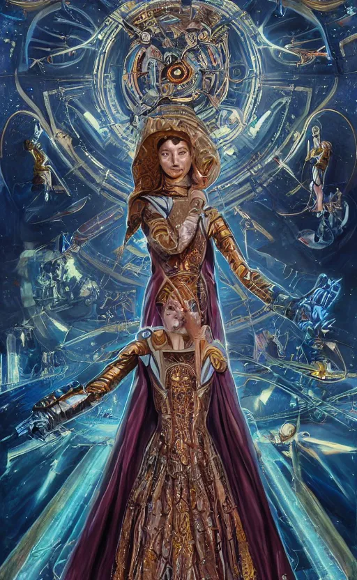 Prompt: mural of a young cyborg woman, beautiful royal gown, sci fi weapon, royal ornaments, reaching towards the heavens, sci fi world, holy imagery, highly detailed, beautiful colors, renaissance mural, mural in the style of sandro boticceli, sandro boticceli