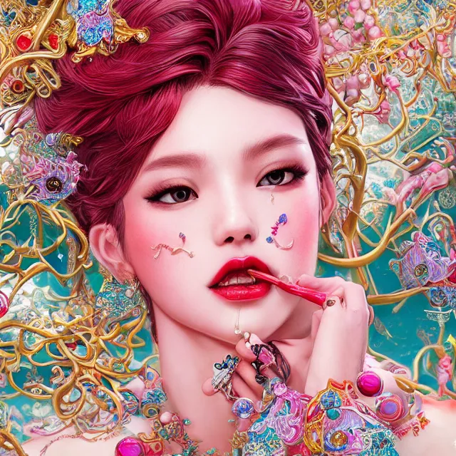 Image similar to an absurdly beautiful, elegant, young hypercolorful sensual gravure idol partially made up of rubies and red gems, ultrafine hyperrealistic detailed face illustration by kim jung gi, irakli nadar, intricate linework, sharp focus, bright colors, matte, octopath traveler, final fantasy, unreal engine highly rendered, global illumination, radiant light, intricate environment