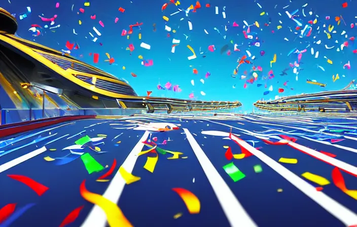 Image similar to cinematic low angle wide angle shot worms eye view of a realistic futuristic vehicle racetrack finish line with confetti on a sunny day with a clear blue cloudy sky angled toward sky, cyberpunk, digital painting, good value control, crowded stands, rule of thirds, golden ratio, horizon line focus, sharp focus, fourze, realistic textures, f zero, speed racer movie, 8 k