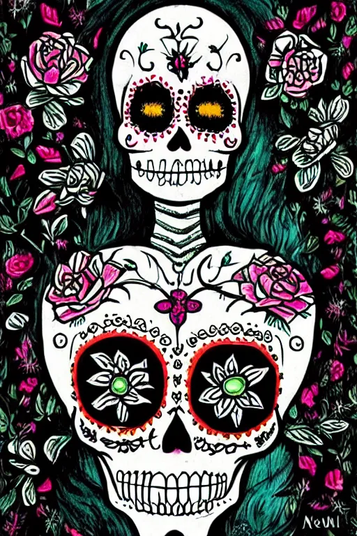 Prompt: illustration of a sugar skull day of the dead girl, art by neil gaiman