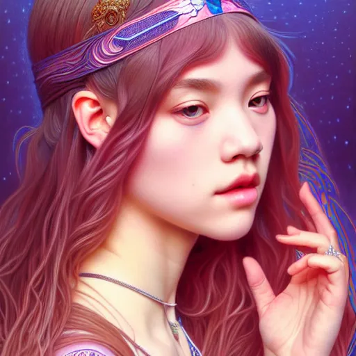 Image similar to portrait of jossi of blackpink, fractal goddess, highly detailed, digital painting, smooth, sharp focus, illustration, ultra realistic, 8 k, art by artgerm and alphonse mucha