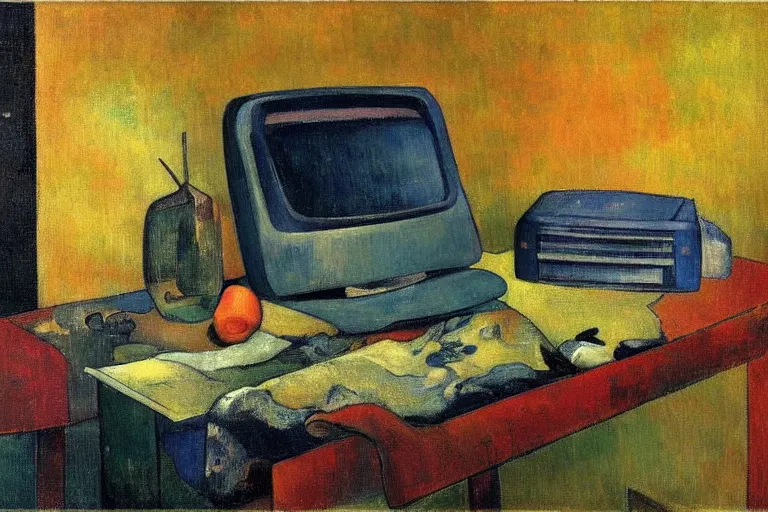 Image similar to still life painting of vintage computers by Paul Gauguin, oil on canvas, strong lighting, highly detailed, hyper realism, HD, 4K