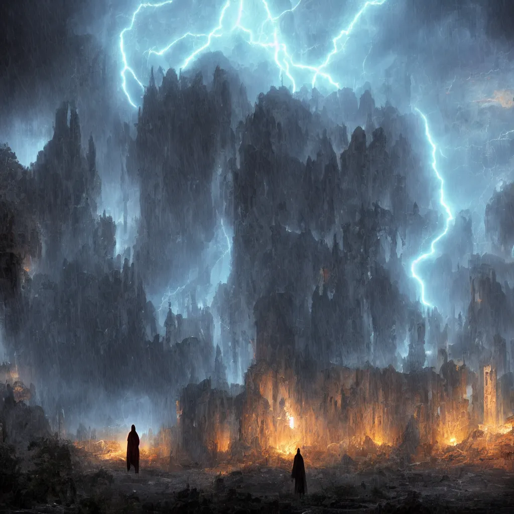 Image similar to a still of a cloaked figure standing in the ruins of crux prime, monastery, there is lightning, blue fiery maelstrom in the distance, it is raining, digital art, artstationhq