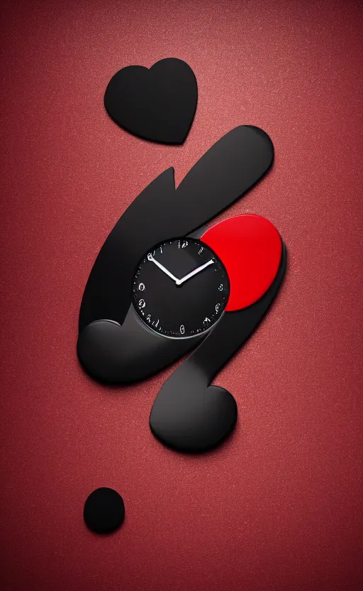 Image similar to a melting Roman numeral clock, behind a red and black gradient background, awith a black heart shaped on the top left corner and a black diamond card shape in the bottom right corner, dynamic lighting, photorealistic fantasy concept art, trending on art station, stunning visuals, cinematic, creative, ultra detailed