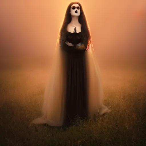 Image similar to photographic portrait of a stunningly beautiful gothic spirit ghostly female in soft dreamy light at sunset, contemporary fashion shoot, by edward robert hughes, tim burton, annie leibovitz and steve mccurry, david lazar, jimmy nelsson, breathtaking, 8 k resolution, extremely detailed, beautiful, establishing shot, artistic, hyperrealistic, beautiful face, octane render