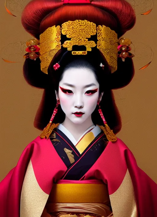 Image similar to dreamlike luxury stunning oiran portrait, red and gold kimono, art by artgerm, wlop, loish, ilya kuvshinov, 8 k realistic, hyperdetailed, beautiful lighting, detailed background, depth of field, symmetrical face, frostbite 3 engine, cryengine,