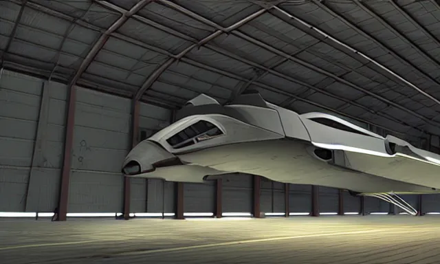 Image similar to matte painting, digital painting, high quality, unreal engine 5, a spaceship in hangar, symmetric