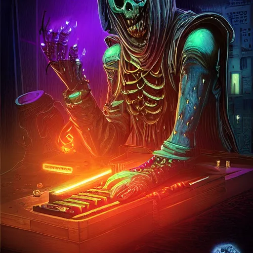 Image similar to cyberpunk undead lich ilithid mindflayer playing synthesizer, honeycomb background, D&D, smokey lights, lasers, highly detailed, realistic, technology and magic,